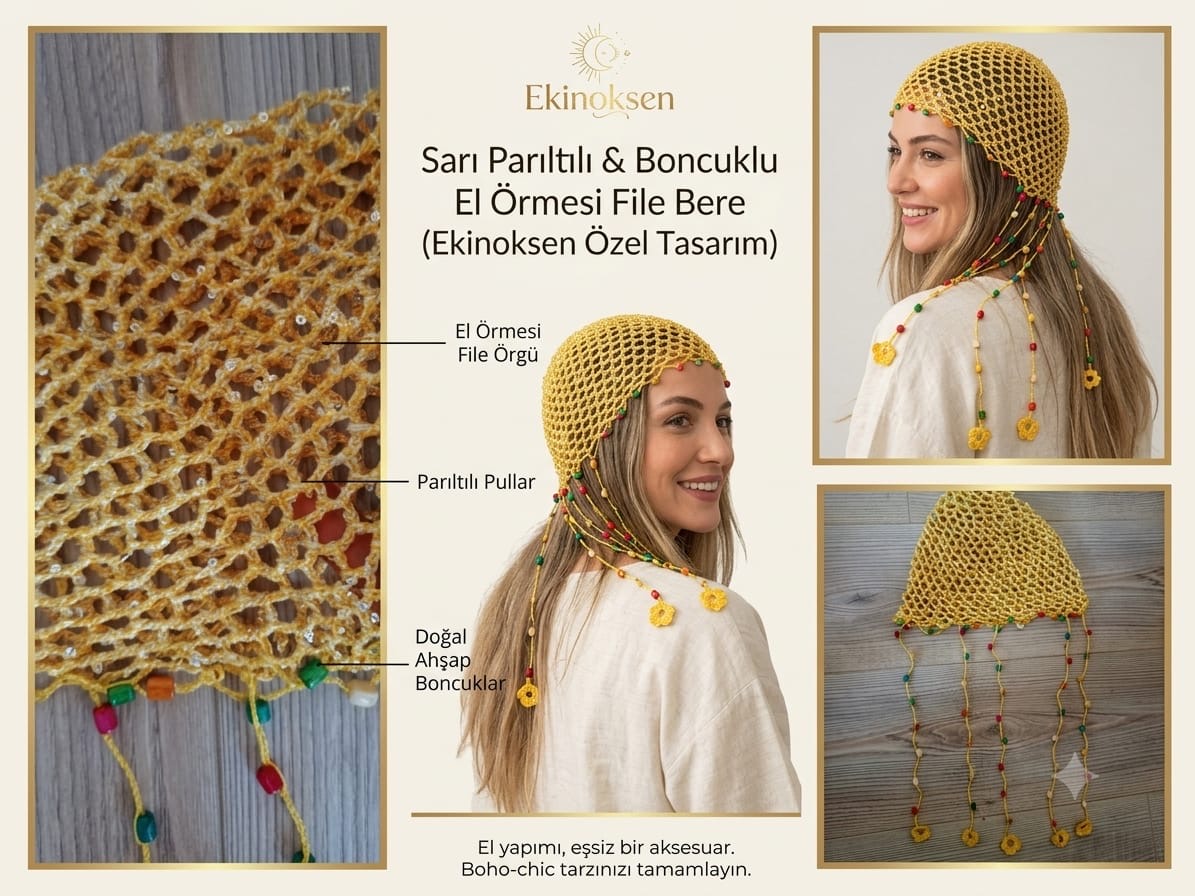 Bohem file detaylı boncuklu ve simli şık bere