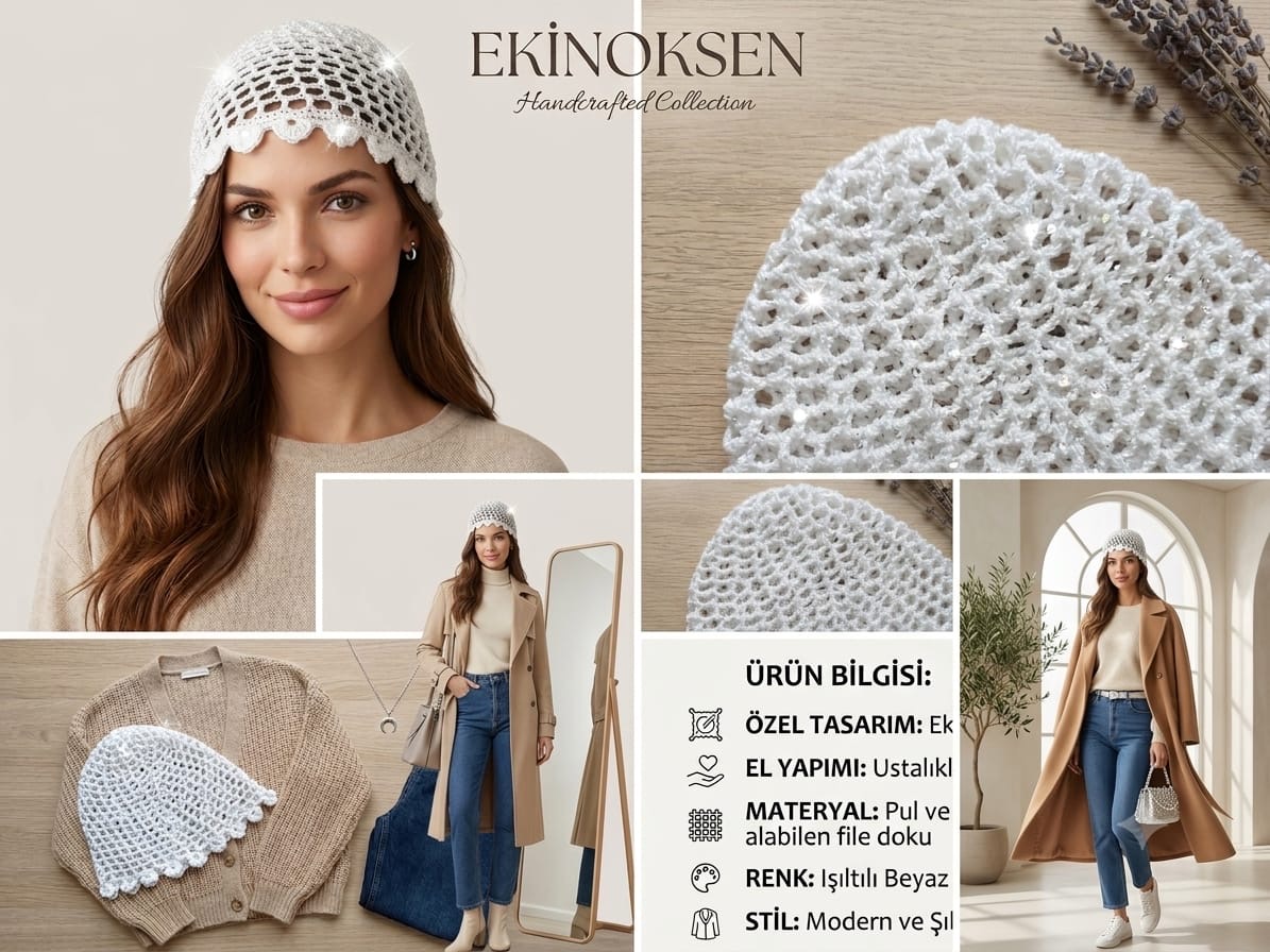 Bohem pullu ve boncuklu file detaylı ışıl ışıl bere
